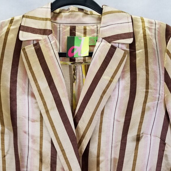 D.E.S. Jacket Women's Sz 6 Silk Linen Snap Wrap Front Striped Classic Blazer Tan - Picture 2 of 16